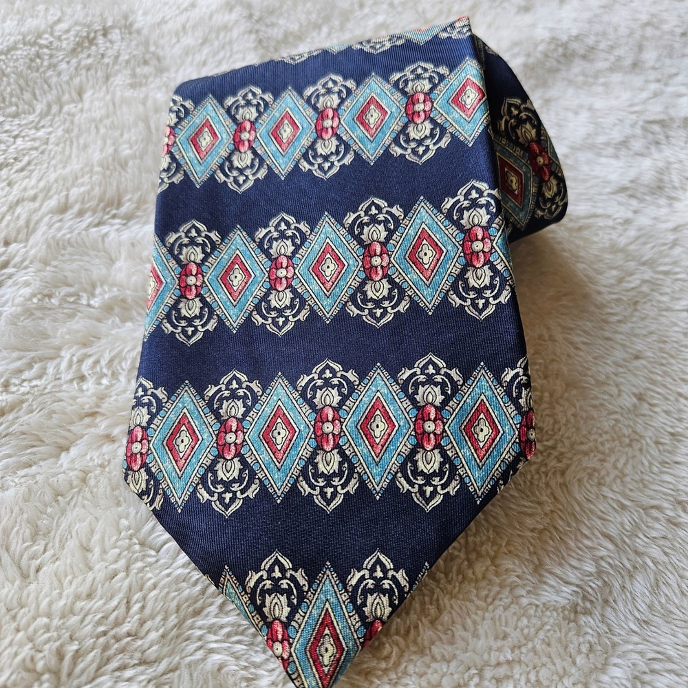 Oscar de la Renta Mens Silk Tie Navy Blue Red Geometric Medallion Made in USA